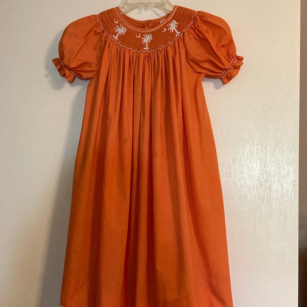 Orange Dress Smocked Palmetto tree, Crescent Moon South Carolina Symbol Girl's 6
